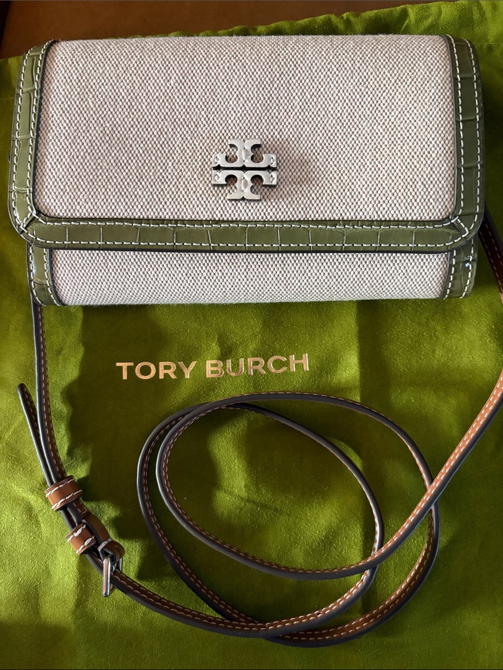 Tory Burch Wallet Crossbody Cream Canvas Green Croc-embossed leather trim NWOT